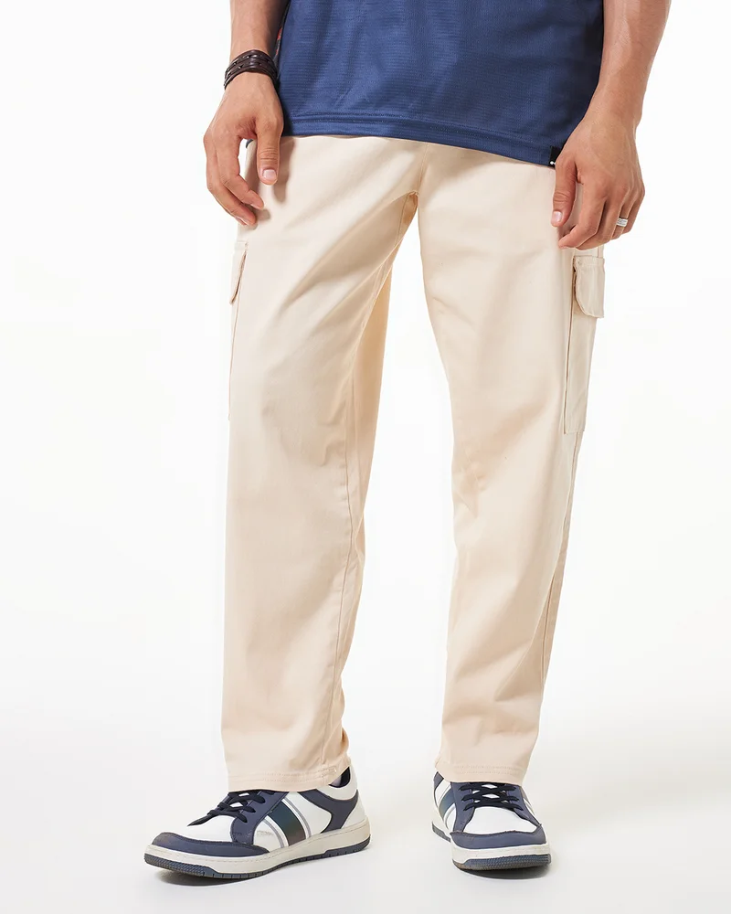 bewakoof Men's Beige Oversized Cargo Carpenter Pants